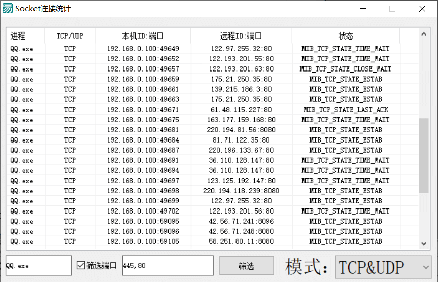 Socket连接统计-查端口、查IP、端口筛选、查指定进程